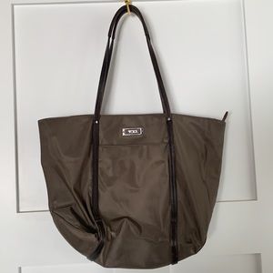 TUMI Large Brown Nylon Leather Trim Work Travel Tote Shoulder Bag